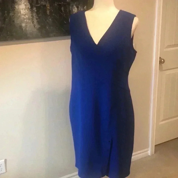 NWT DKNY Blue Women's V Neck Side Snap Skirt Compression Sheath Dress-Size 14 - Picture 1 of 11